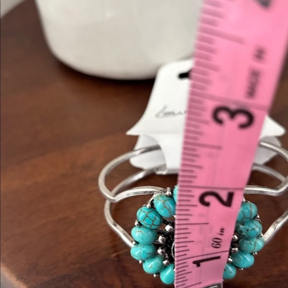 Laura Ford Silvertone double row, faux turquoise stones,Concho,cuff bracelet